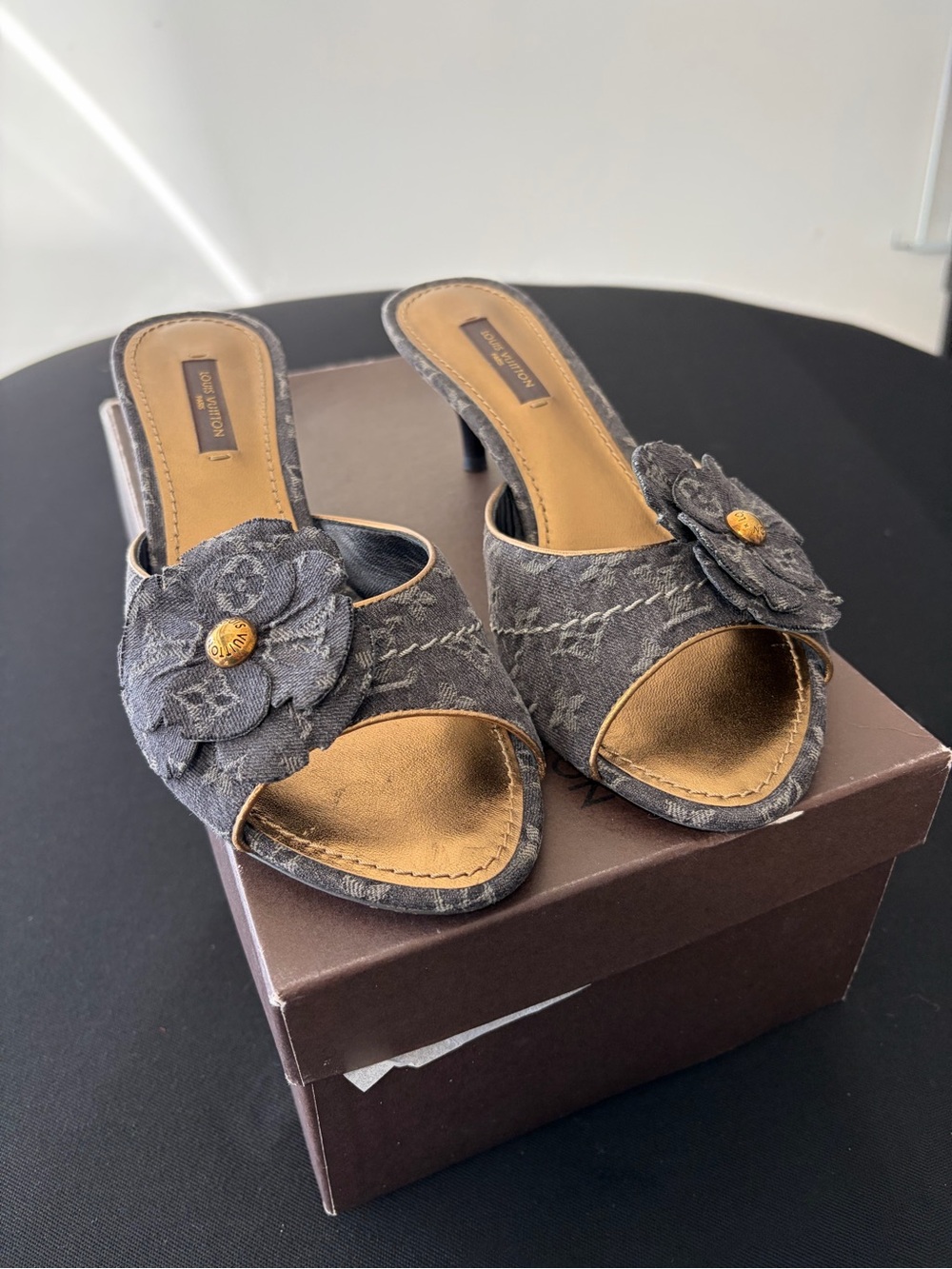 Genuine Louis Vuitton Gray Denim Floral Open-Toe Mule Heels